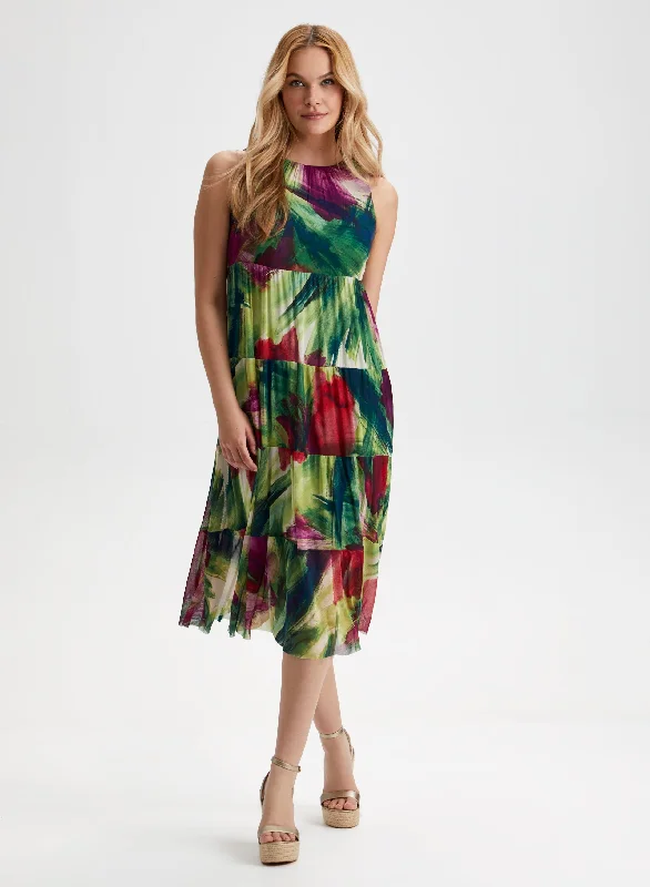 Abstract Floral Midi Dress Comfortable Ribbed Midi Dress