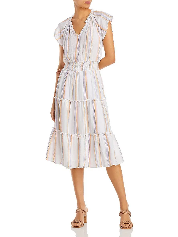Amellia Womens Linen Blend Ruffled Midi Dress Fashionable Shift Midi Dress