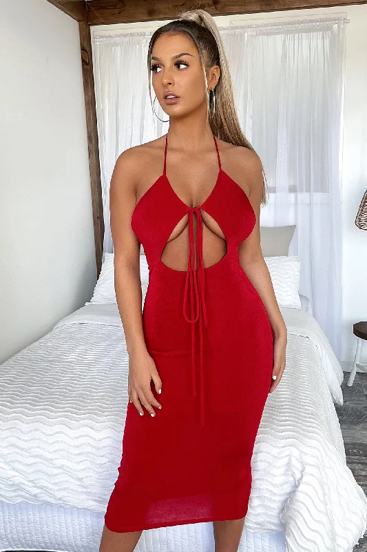Averta Midi Dress - Red Cozy Midi Dress with Pockets