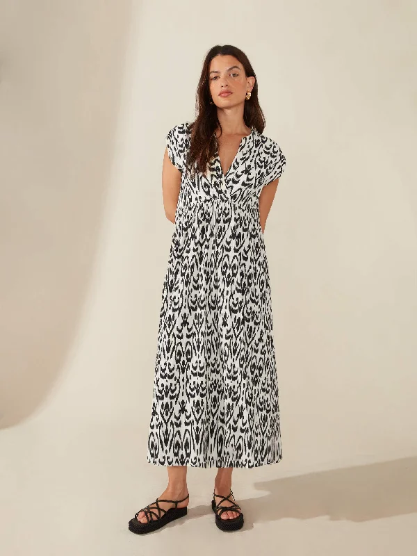 Mono Aztec Print Wrap Neck Midi Dress Comfortable Draped Midi Dress