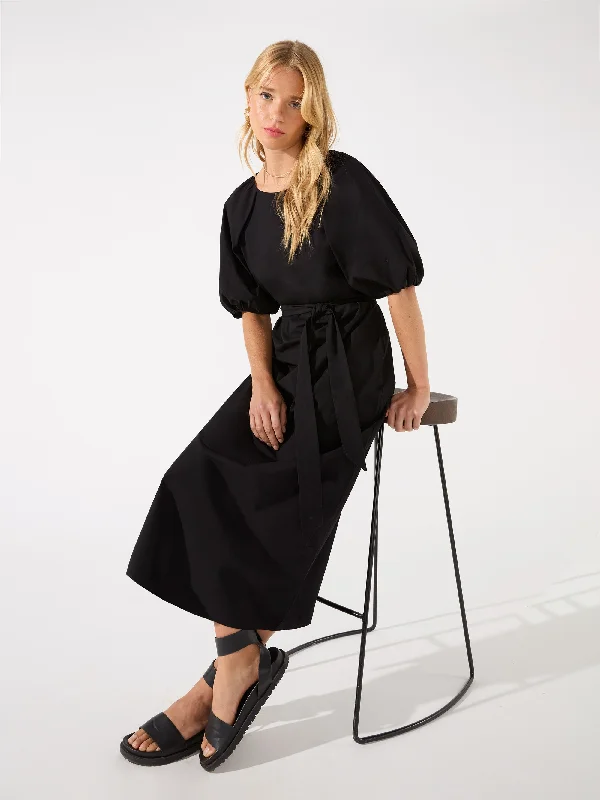 Black Puff Sleeve Tie Waist Sleeve Midi Dress Trendy Shift Midi Dress
