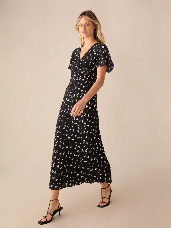 Black Ditsy Floral Print Flutter Sleeve Midi Dress Trendy Ruffled Sleeve Midi Dress