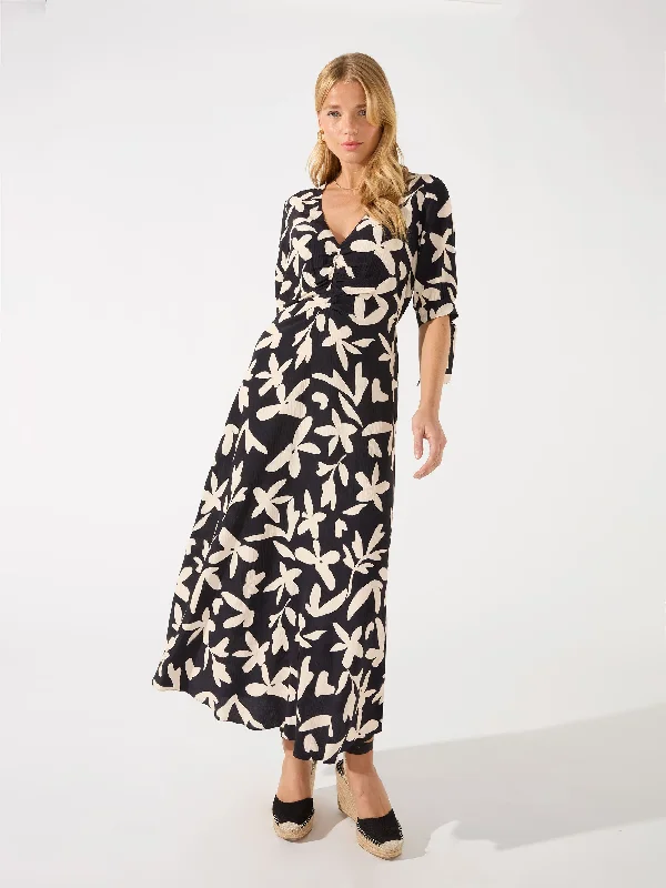 Black Leaf Print Keyhole Midi Dress Trendy Fit-and-Flare Midi Dress