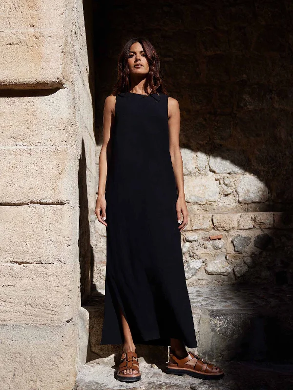 Black Linen-blend Tie Waist Column Midi Dress Fashionable One-Shoulder Midi Dress
