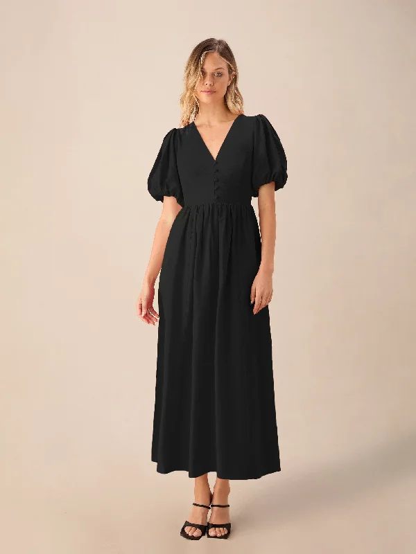 Cara Black Linen-blend Puff Sleeve V-Neck Midi Dress Trendy Mock Neck Midi Dress