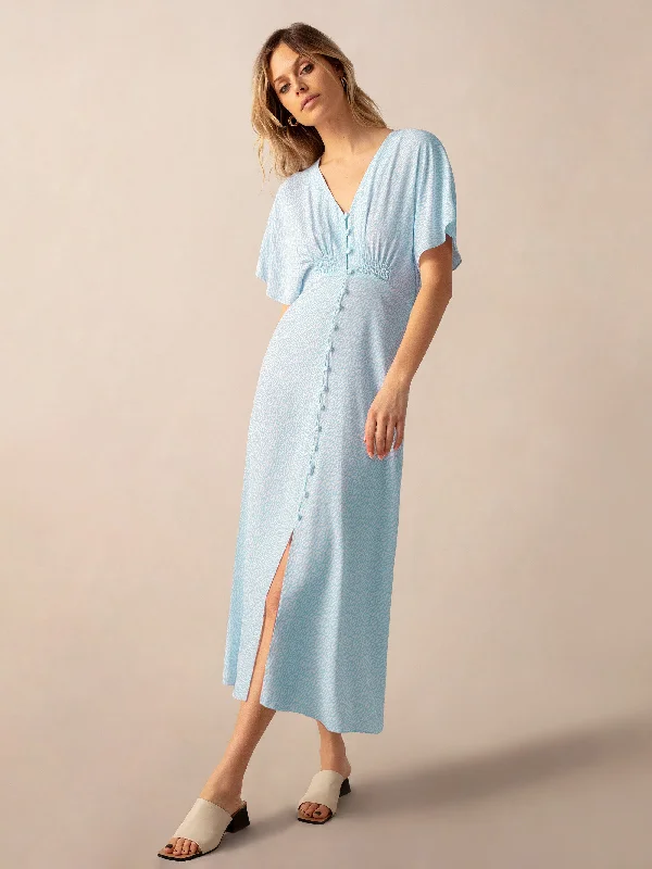 Blue Squiggle Print Button Through Midi Dress Fashionable Skater Midi Dress