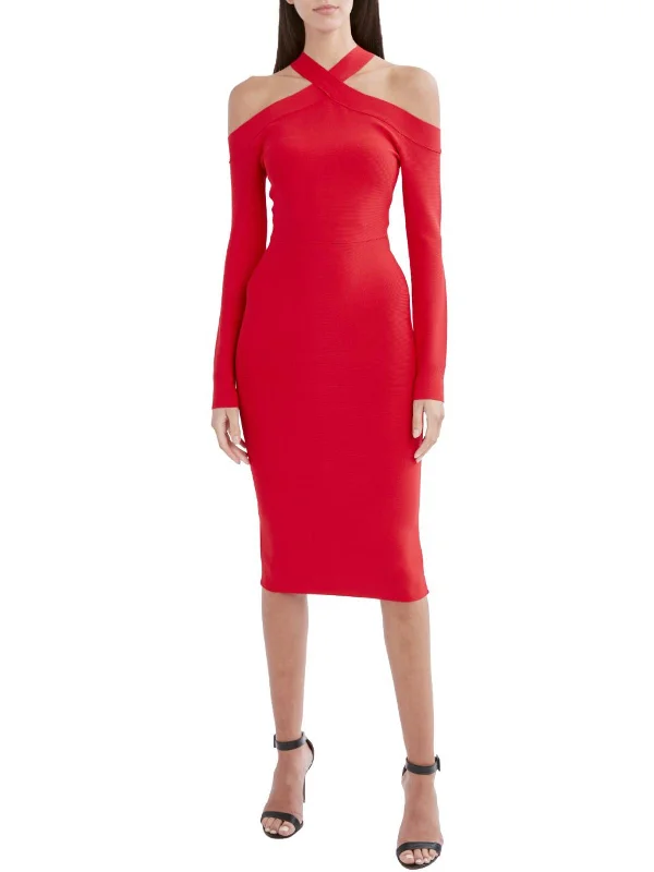 Brielle Womens Cold Shoulder Halter Midi Dress Cozy Ribbed Knit Midi Dress