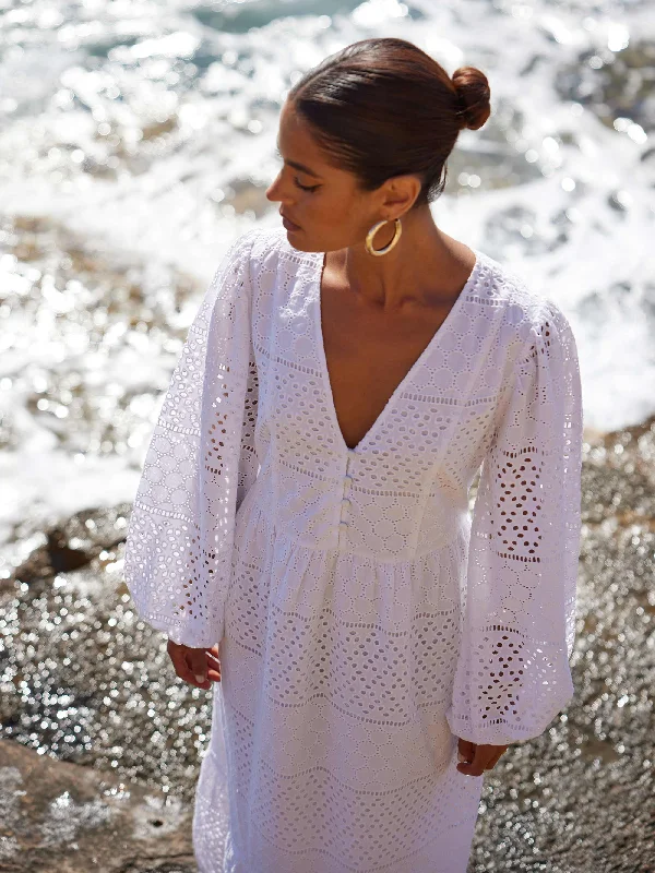 Broderie Mix Midi Dress Comfortable Empire Waist Midi Dress