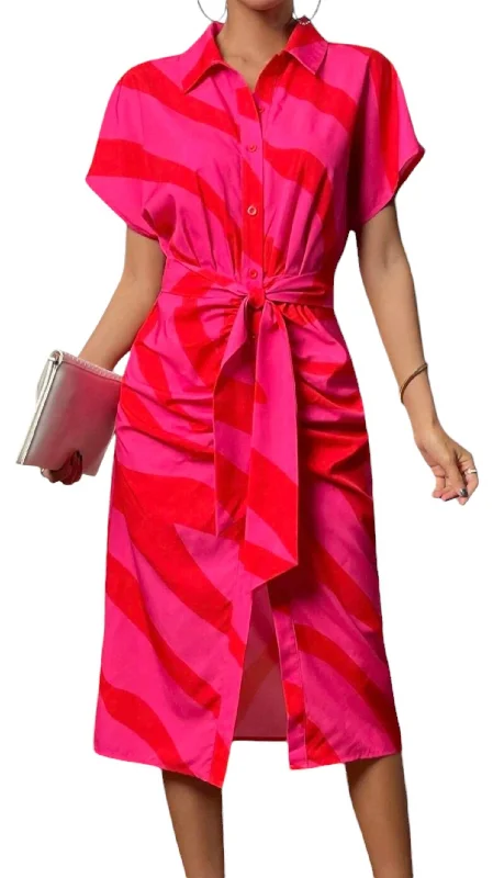 Button Down Knit Midi Dress With Tie In Pink Trendy Boho Midi Dress