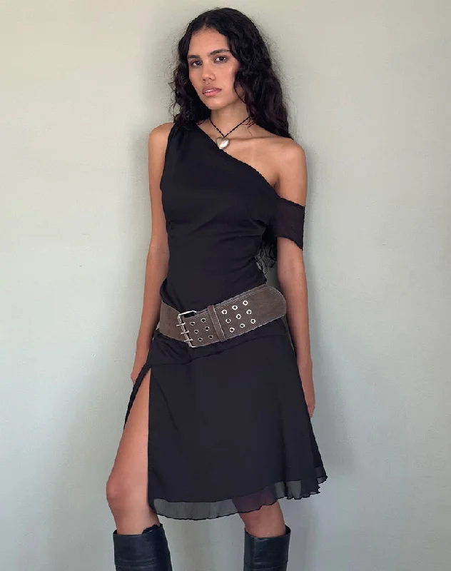 Carissa One Shoulder Chiffon Midi Dress in Black Stylish Vintage Midi Dress