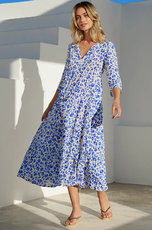 Emma Midi Dress | Cheetah Cream/Blue Elegant Pleated Detail Midi Dress