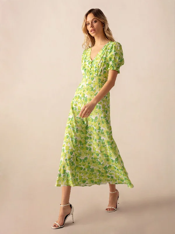 Green Botanical Floral Print Shirred Cuff Midi Dress Stylish Wraparound Midi Dress