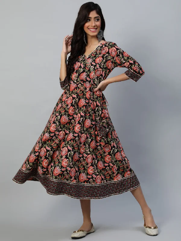 Women's Black Floral A-Line Midi Dress - Anubhutee Comfortable Adjustable Strap Midi Dress Women's Black Floral A-Line Midi Dress - Anubhutee Comfortable Adjustable Strap Midi Dress