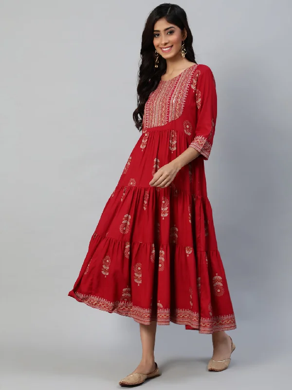 Women's Maroon Ethnic Motifs Ethnic A-Line Midi Dress - Anubhutee Trendy Ruched Side Midi Dress