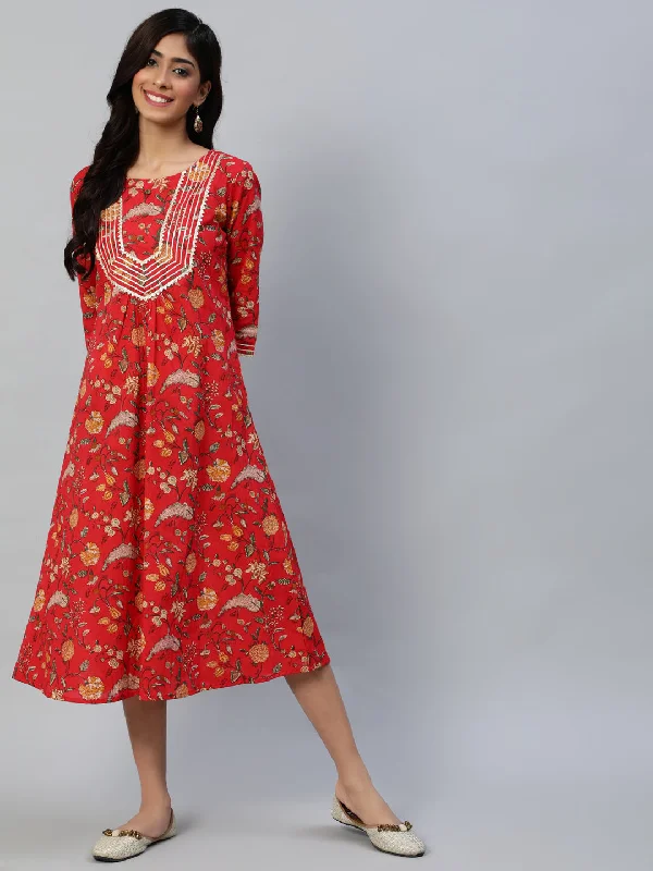 Women's Red Ethnic Motifs A-Line Midi Dress - Anubhutee Chic Lace Detail Midi Dress