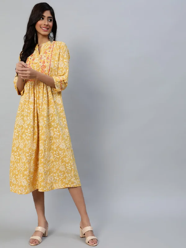 Women's Yellow Floral A-Line Midi Dress - Anubhutee Fashionable Wide Leg Midi Dress