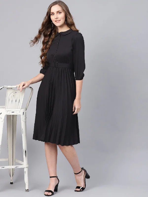 Women's Black Peterpan Belted Pleated Midi Dress - SASSAFRAS Stylish Striped Midi Dress