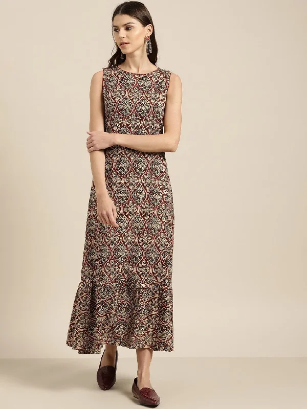 Women's Brown Tiered Hem Sleeveless Midi Dress - SASSAFRAS Stylish Animal Print Midi Dress Women's Brown Tiered Hem Sleeveless Midi Dress - SASSAFRAS Stylish Animal Print Midi Dress