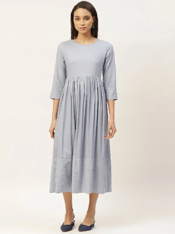 Women's Grey Schiffli Gathered Midi Dress - SASSAFRAS Fashionable Floral Embroidery Midi Dress Women's Grey Schiffli Gathered Midi Dress - SASSAFRAS Fashionable Floral Embroidery Midi Dress