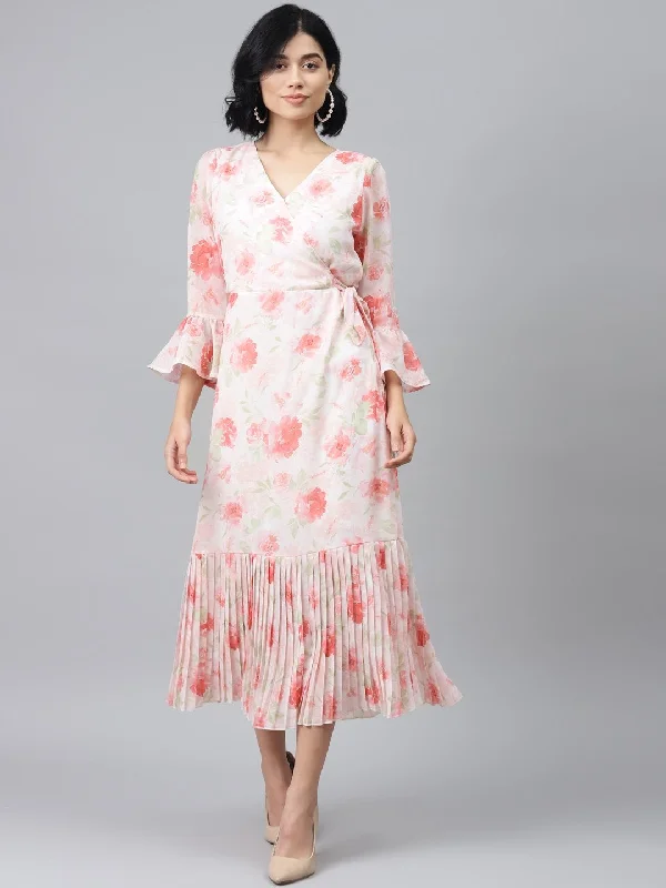 Women's Light Pink Floral Pleated Midi Dress - SASSAFRAS Cozy Midi Dress with Pockets Women's Light Pink Floral Pleated Midi Dress - SASSAFRAS Cozy Midi Dress with Pockets