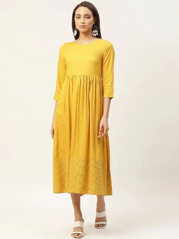 Women's Mustard Schiffli Gathered Midi Dress - SASSAFRAS Stylish Tiered Midi Dress