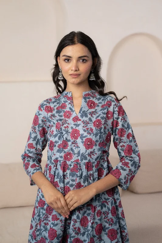 Women’s Blue Floral Print Midi Dress by Myshka- 1pc set Comfortable Casual Midi Dress
