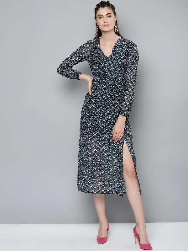 Women's Navy Floral Geo Print Wrap Detail Midi Dress - SASSAFRAS Cozy Wide Strap Midi Dress Women's Navy Floral Geo Print Wrap Detail Midi Dress - SASSAFRAS Cozy Wide Strap Midi Dress