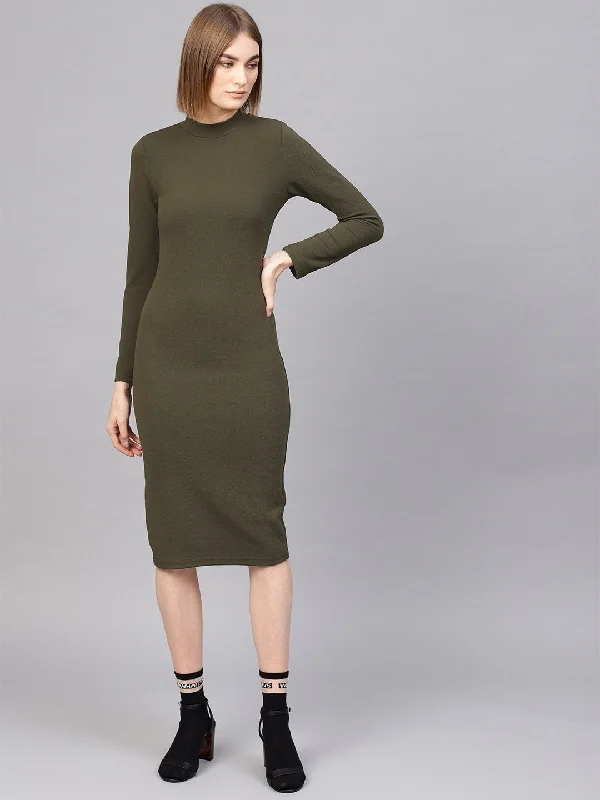 Women's Olive High Neck Bodycon Midi Dress - SASSAFRAS Trendy Floral Wrap Midi Dress