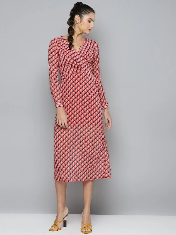Women's Orange Geo Wrap Detail Midi Dress - SASSAFRAS Stylish Long Sleeve Floral Midi Dress Women's Orange Geo Wrap Detail Midi Dress - SASSAFRAS Stylish Long Sleeve Floral Midi Dress