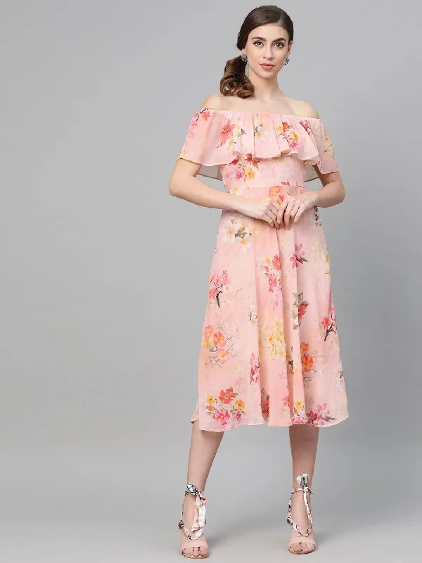 Women's Peach Floral Off Shoulder Midi Dress - SASSAFRAS Elegant Floral Appliqué Midi Dress