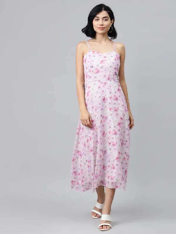 Women's Pink Floral Strappy Midi Dress - SASSAFRAS Trendy Knit Midi Dress
