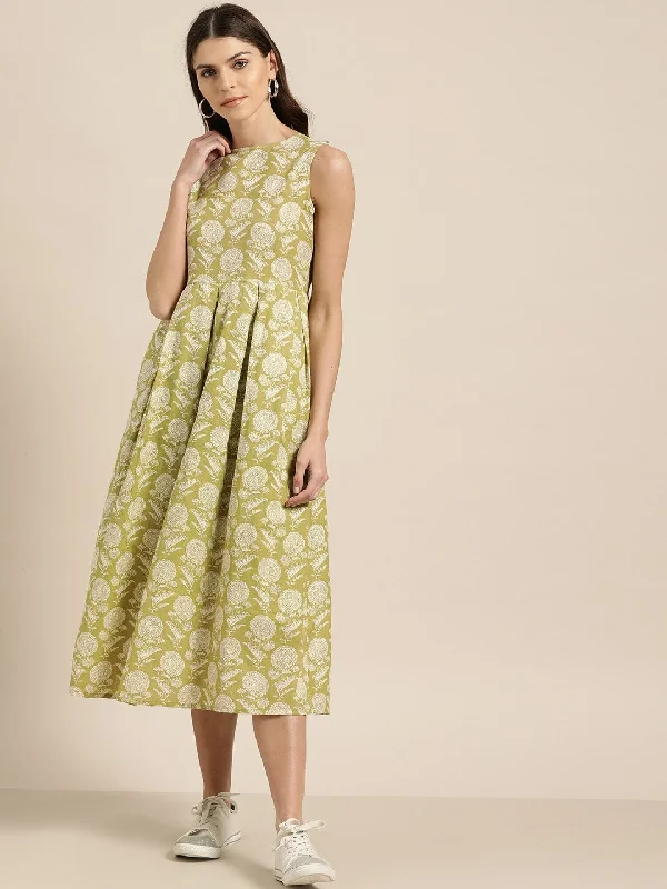 Women's Pista Green Sleeveless Box Pleat Midi Dress - SASSAFRAS Fashionable Pencil Midi Dress Women's Pista Green Sleeveless Box Pleat Midi Dress - SASSAFRAS Fashionable Pencil Midi Dress
