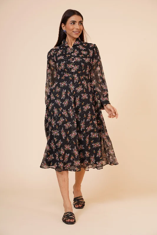 Women's Printed Black Chiiffon Casual Midi Dress - MIRACOLOS by Ruchi Fashionable High-Neck Midi Dress Women's Printed Black Chiiffon Casual Midi Dress - MIRACOLOS by Ruchi Fashionable High-Neck Midi Dress