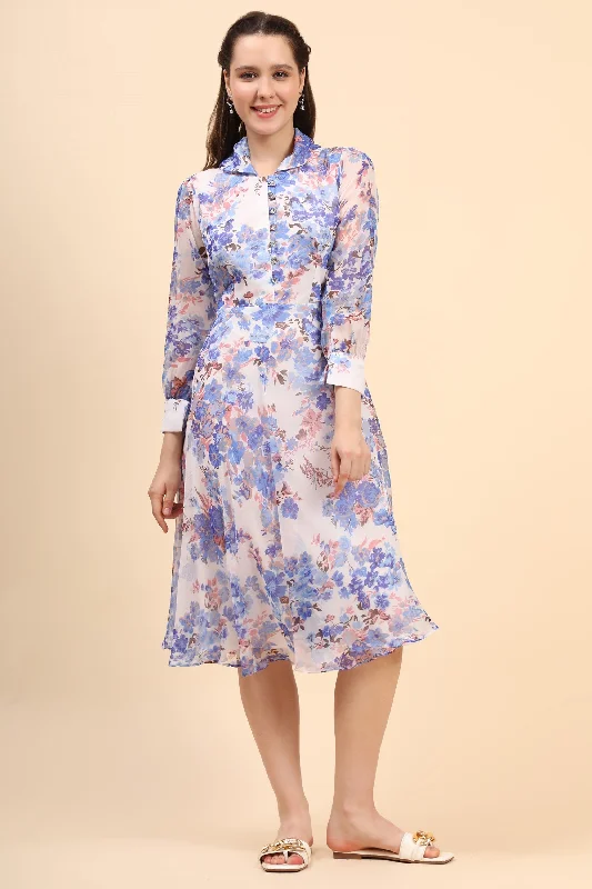 Women's Printed White Chiiffon Casual Midi Dress - MIRACOLOS by Ruchi Trendy Ruffled Sleeve Midi Dress