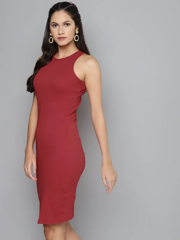 Women's Red Box Back Bodycon Midi Dress - SASSAFRAS Stylish Halter Neck Midi Dress