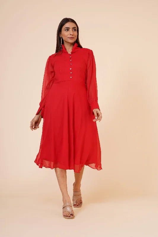 Women's Red Chiiffon Casual Midi Dress - MIRACOLOS by Ruchi Chic Bohemian Midi Dress Women's Red Chiiffon Casual Midi Dress - MIRACOLOS by Ruchi Chic Bohemian Midi Dress