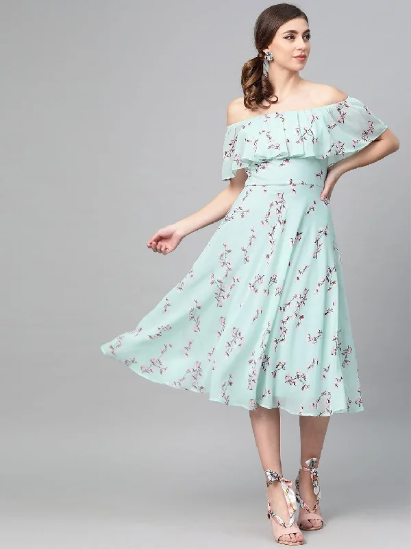 Women's Sea Green Floral Off Shoulder Midi Dress - SASSAFRAS Fashionable Off-Shoulder Dress Midi