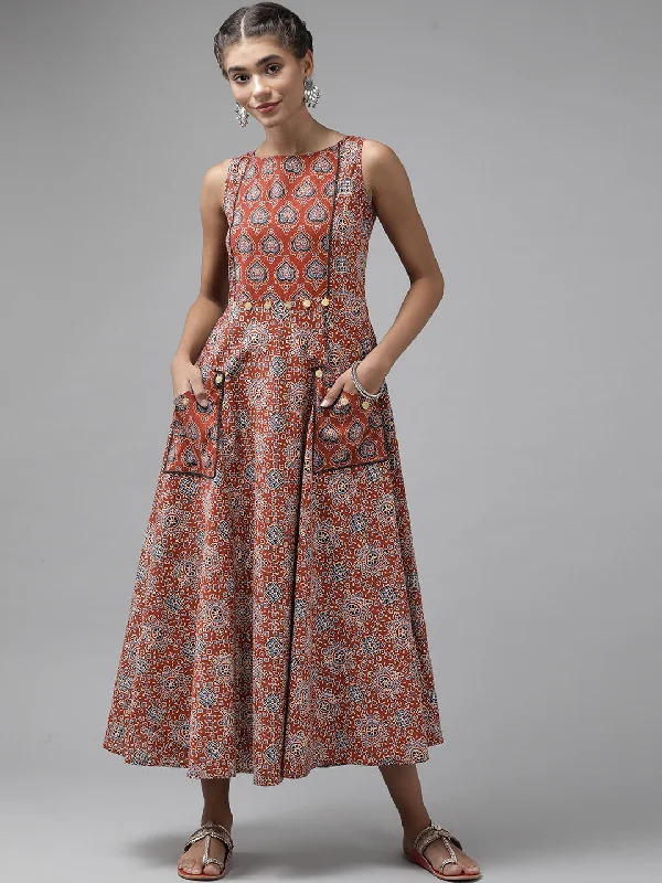 Women's Red & Blue Ethnic Motifs Back Tie-Up Detail Ethnic Midi Dress - Yufta Trendy A-Line Midi Dress
