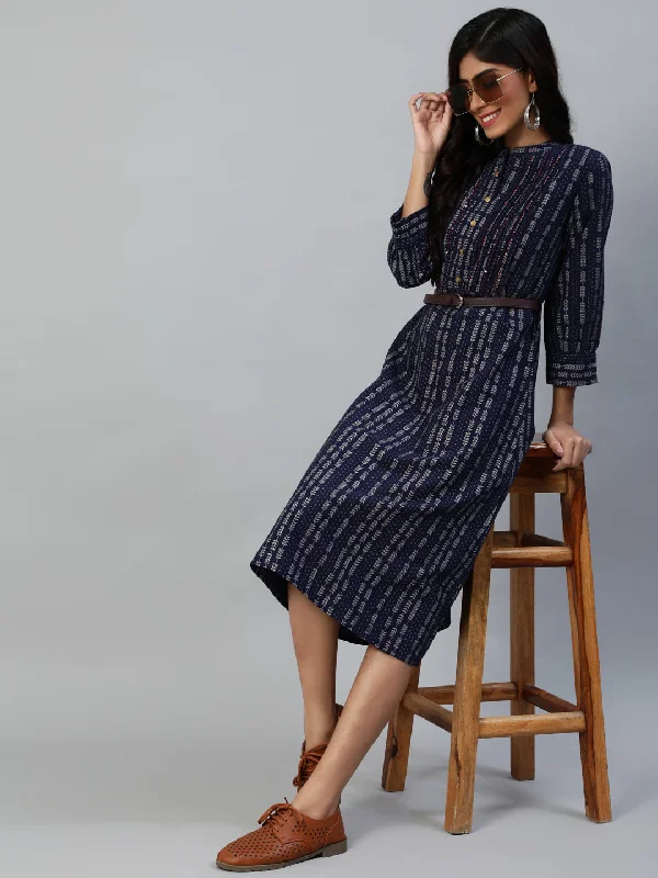 Women's Navy Blue A-Line Midi Dress - Anubhutee Fashionable Pleated Midi Dress