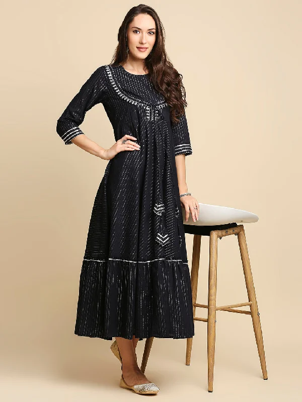 Women's Navy Blue Striped Ethnic Cotton Midi Dress - Anubhutee Stylish Midi Dress with Cuffs Women's Navy Blue Striped Ethnic Cotton Midi Dress - Anubhutee Stylish Midi Dress with Cuffs