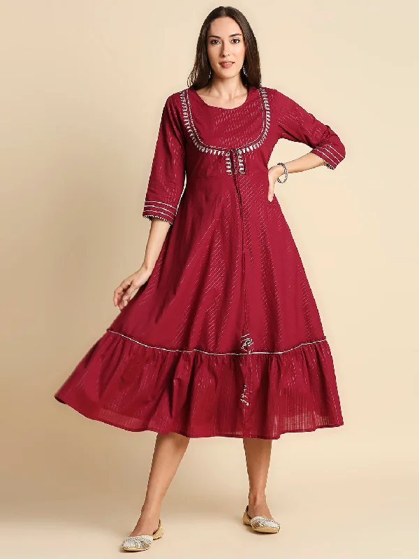 Women's Maroon Striped Ethnic Midi Dress - Anubhutee Trendy Smocked Detail Midi Dress