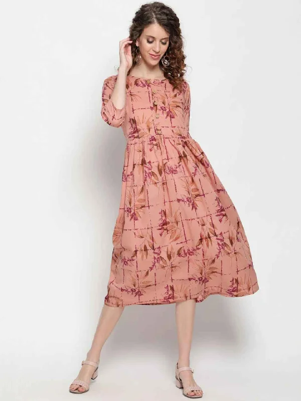 Women's Pink & Brown Floral A-Line Midi Dress - THE NKS PLUS Comfortable Button Front Midi Dress Women's Pink & Brown Floral A-Line Midi Dress - THE NKS PLUS Comfortable Button Front Midi Dress