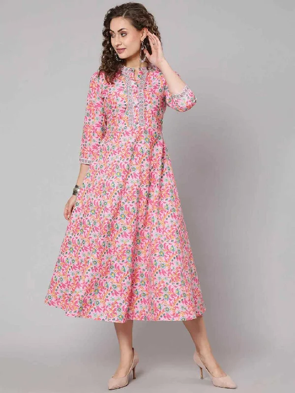 Women's Pink & Greige Floral Ethnic A-Line Midi Dress - THE NKS PLUS Stylish Long Sleeve Floral Midi Dress