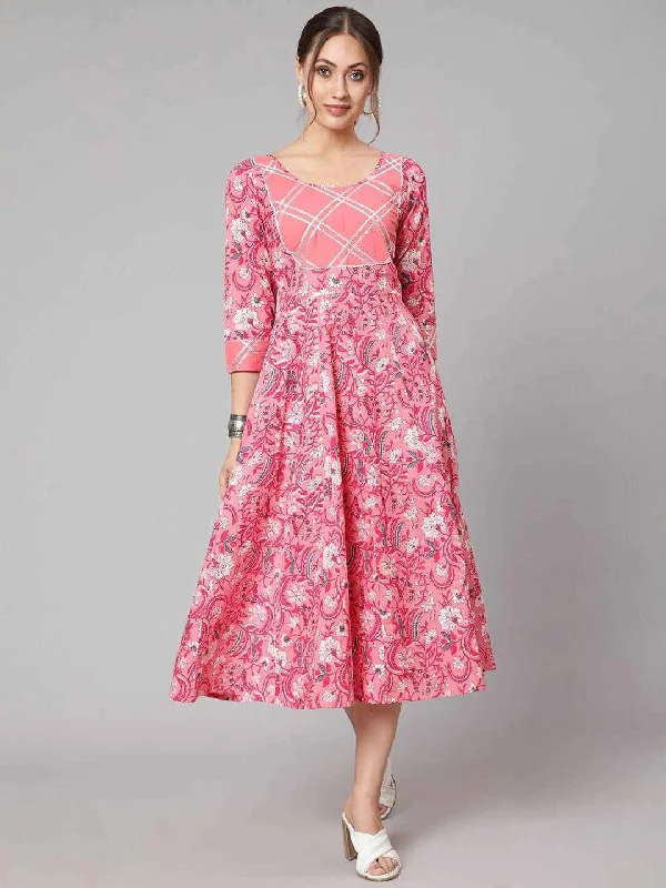 Women's Peach-Coloured & Flamingo Pink Floral Ethnic Midi Dress - THE NKS PLUS Trendy Ruched Side Midi Dress Women's Peach-Coloured & Flamingo Pink Floral Ethnic Midi Dress - THE NKS PLUS Trendy Ruched Side Midi Dress