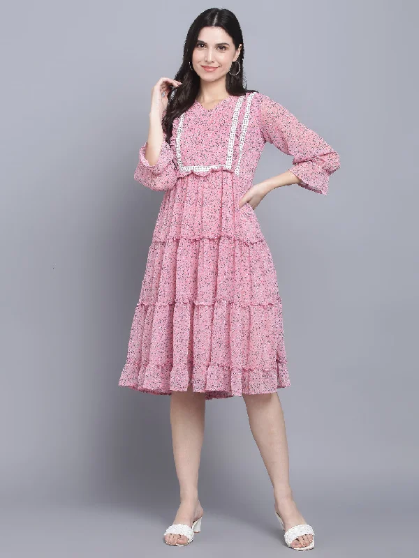 Women's Pink Floral Midi Dress - Myshka Comfortable Empire Waist Midi Dress