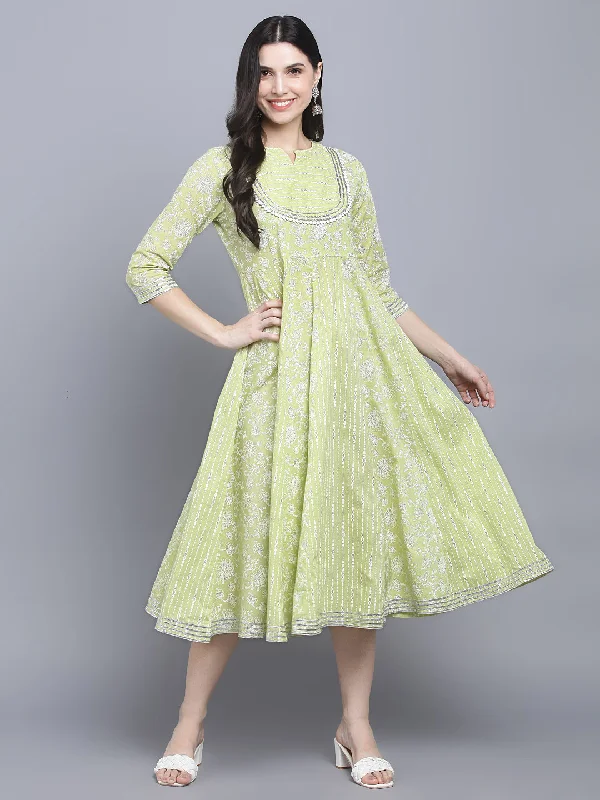 Women's Green Ethnic Motifs A-Line Midi Dress - Myshka Fashionable Polka Dot Midi Dress