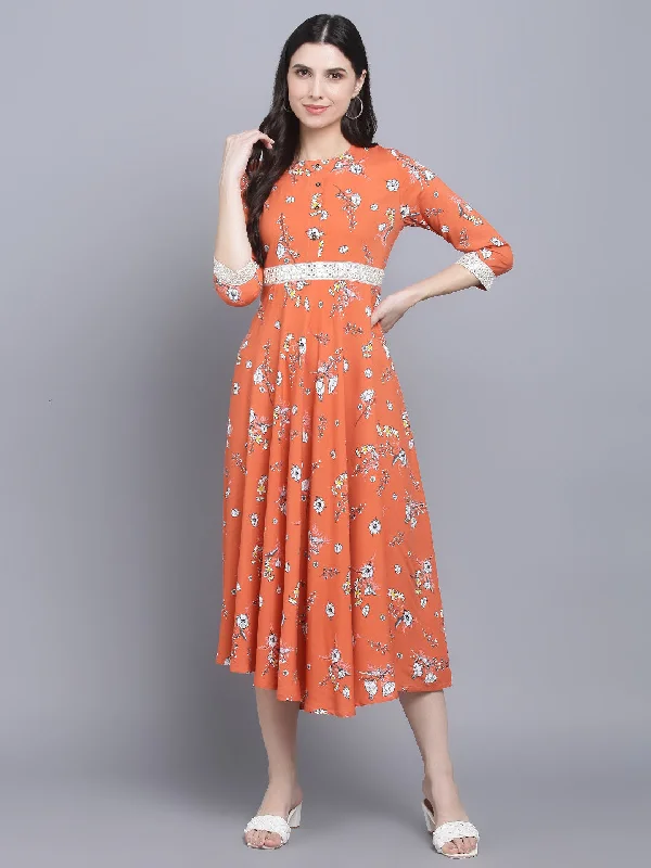 Women's Orange Floral Midi Dress - Myshka Stylish Striped Midi Dress