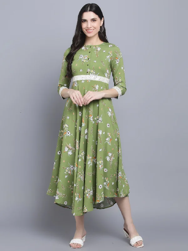 Women's Green Floral Midi Dress - Myshka Trendy Long Sleeve Midi Dress