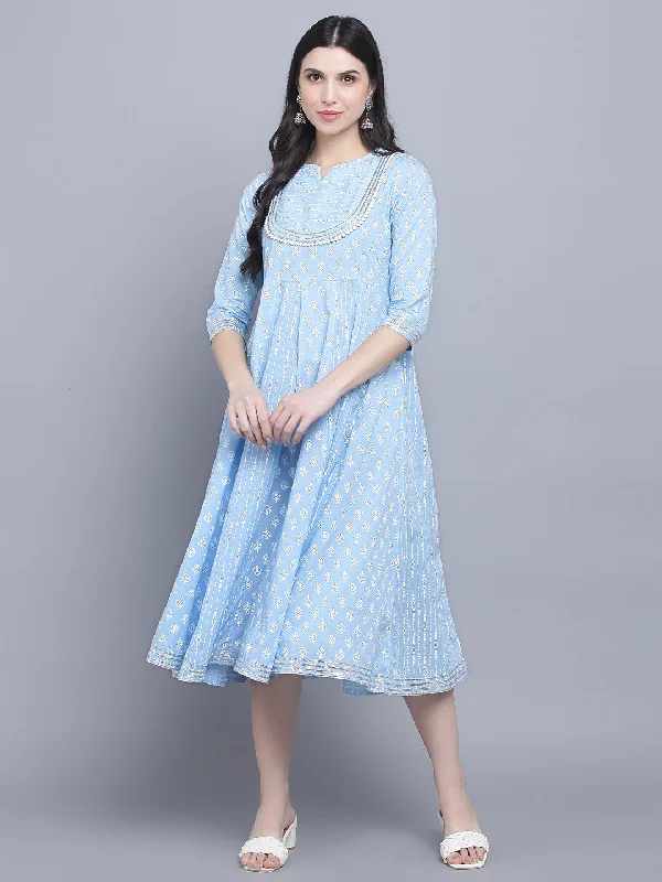 Women's Blue Ethnic Motifs Empire Midi Dress - Myshka Cozy T-shirt Midi Dress