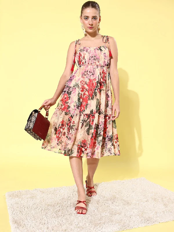 Women's Floral Tier Midi Dress with String Tie Ups- Multi - StyleStone Stylish Satin Midi Dress